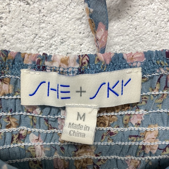 She + Sky size M Floral Blue Pink Crop Top Long Sheer Sleeve Smocked - Picture 4 of 8